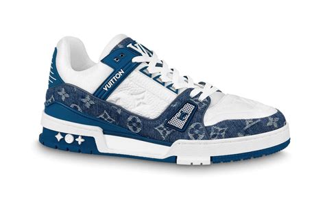 white and blue Lv shoes